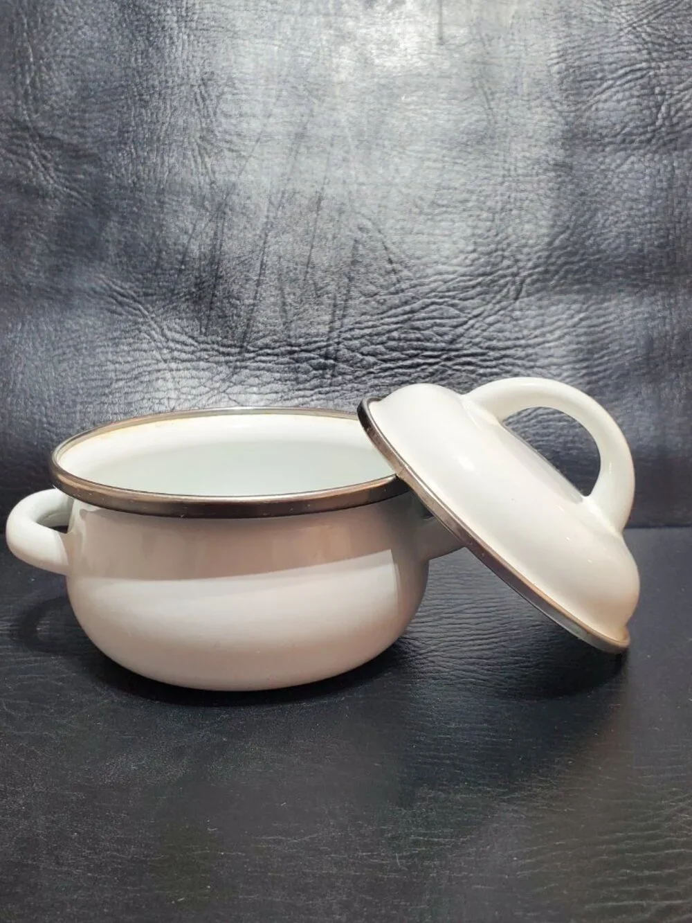 Vintage Retro Kitchenware Miniature White Enamel Cooking Pot with Lid